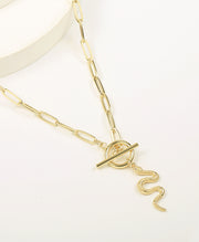 Gold Snake Pendant Paperclip Chain Necklace