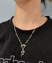 Gold Snake Pendant Paperclip Chain Necklace