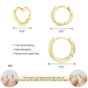 Scentll 3 Pairs Small Huggie Hoop Earrings Set 14K Gold Plated Hypoallergenic Heart Hoop Earrings for Women Gifts for Mom