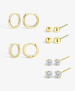 Hoop Earring Sets for Multiple Piercing | 14K Gold Plated Studs Earrings and Hoops Set Hypoallergenic Small Hoop CZ Ball Studs Earrings for Women（6 Pairs）