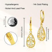 14K Gold Plated Teardrop Dangle Earrings for Women Sterling Silver Tear drop Leverback Earrings Hypoallergenic Sterling Silver Filigree Earrings for Jewelry Gifts for Mom Womens